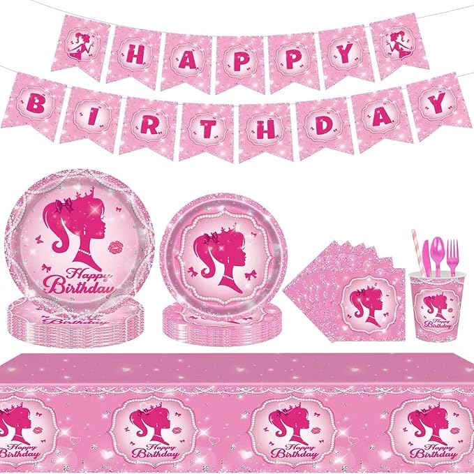 194 Pcs Pink Princess Party Supplies Kit for 24 Guests Disposable