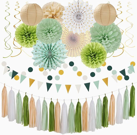 Sage Olive Green Gold Brown Boho Party Decorations 33pcs Paper