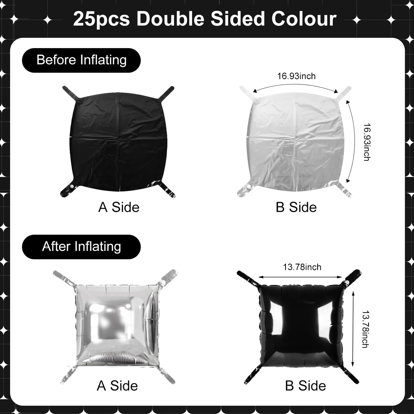 Black and Silver Square Foil Balloons 25 Pcs Metallic Black and Silver