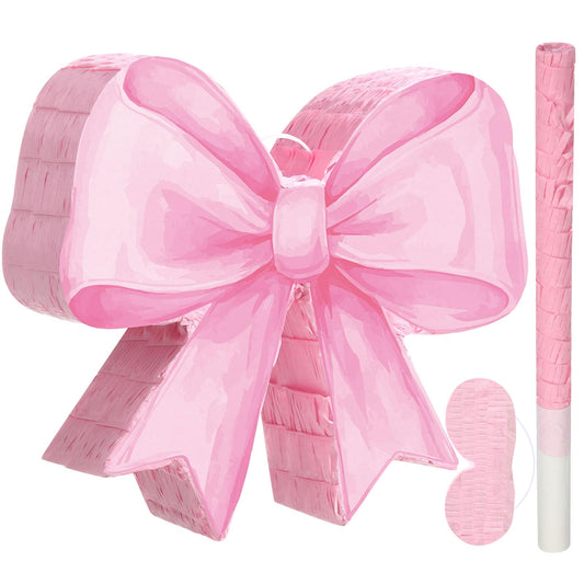 Threan Bow Piñata Bow Party Piñata with Bat Stick Blindfold Mask Pink