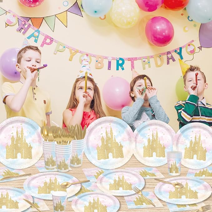 168pcs Princess Party Decorations Castle Paper Plates Napkins
