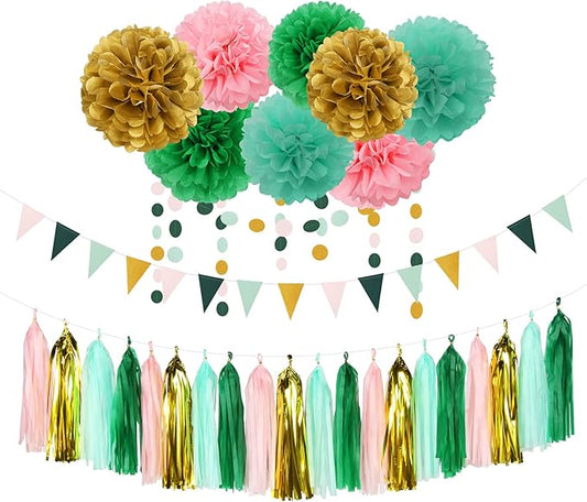 Sage-Green Pink-Gold Baby Bridal-Shower Decorations - 30pcs Rustic