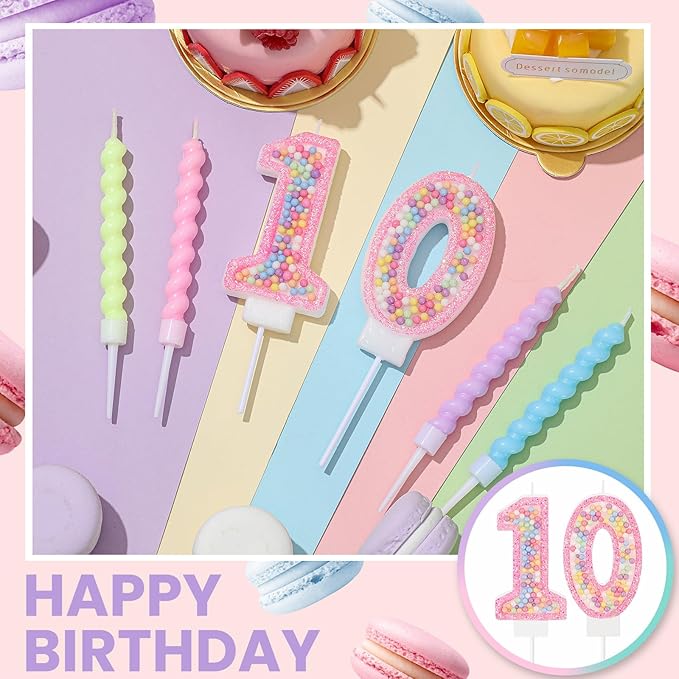 Number 10 Birthday Candle with 12 Pcs Spiral Candles for Girls M