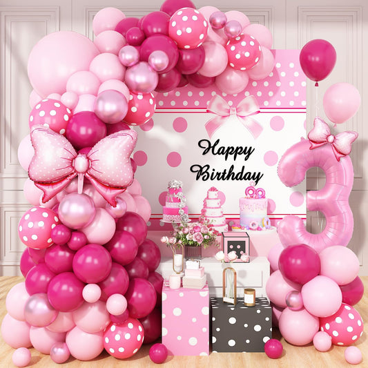 Pink 3rd Birthday Balloons Decorations, Hot Pink Rose Polka Dots
