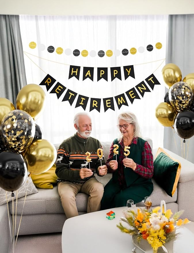 Retirement Party Decorations for Men and Women Black and Gold Happy