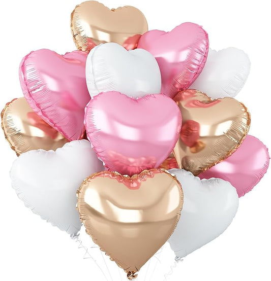 Pink White Heart Balloons,12Pcs Rose Gold Heart Shaped Foil
