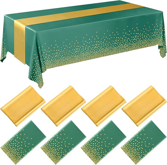 Breling 8 Pack Green and Gold Disposable Plastic Tablecloths and