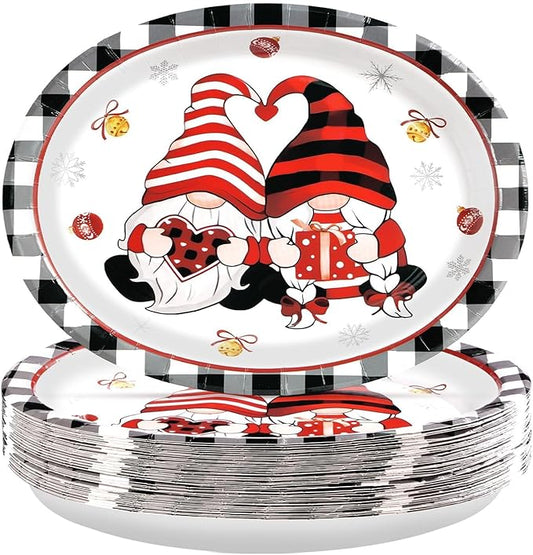50 PCS Valentine's Day Oval Paper Plates 10 x 12 Gnomes Heart Plates