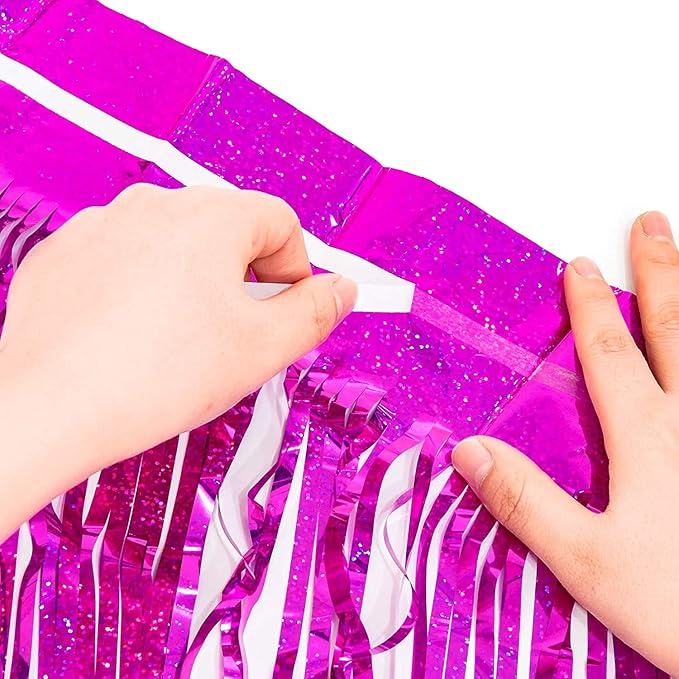 BRAVESHINE Hot Pink Tinsel Foil Fringe Curtains - 2Pcs 3.2x8.2ft