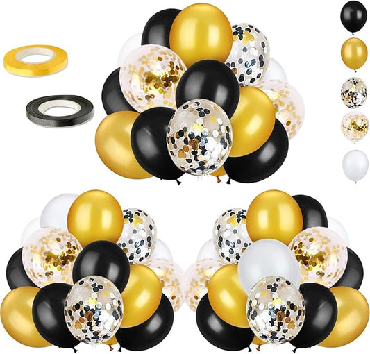 72 Pack Black Gold Confetti Balloons Kit, 12 Inch Black Gold White
