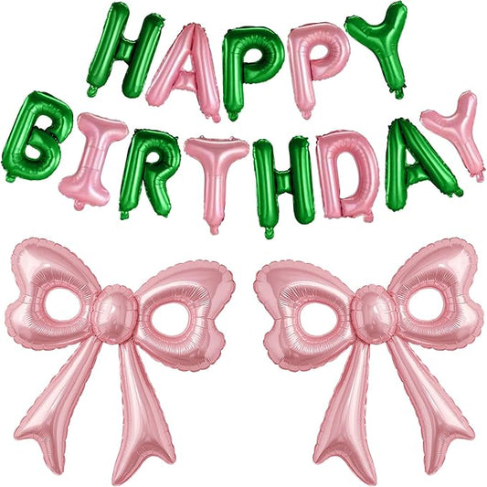 Pink and Green Happy Birthday Balloons, 31”Huge Pink Bow Aluminum