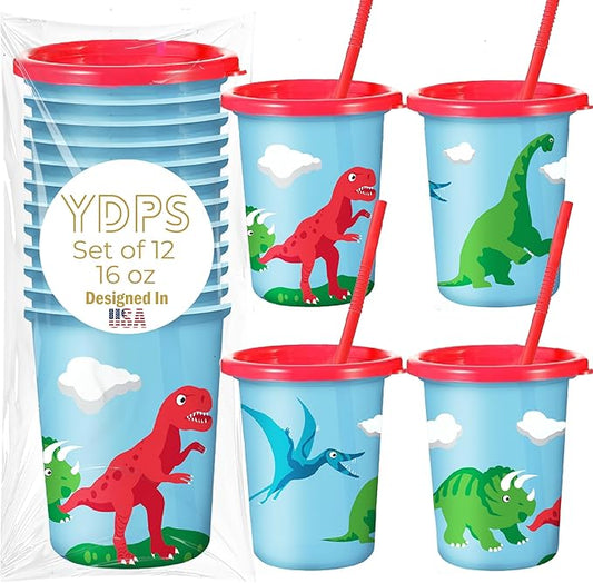 Dinosaur Cups for Kids Party with Straw and Lid Set of 12 Dino Cups