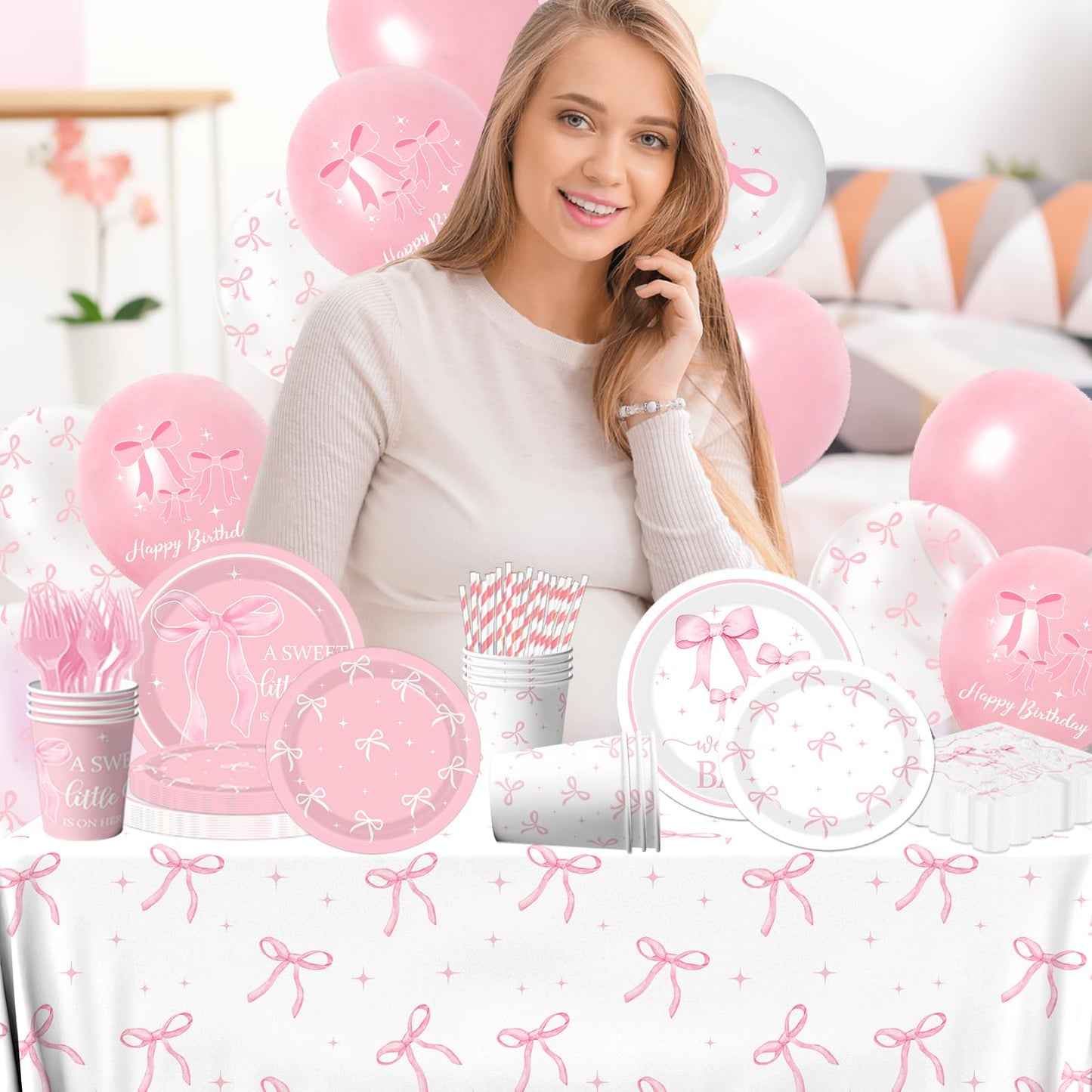 Pink Bow Baby Shower Decorations for Girl - Bow Party Tableware