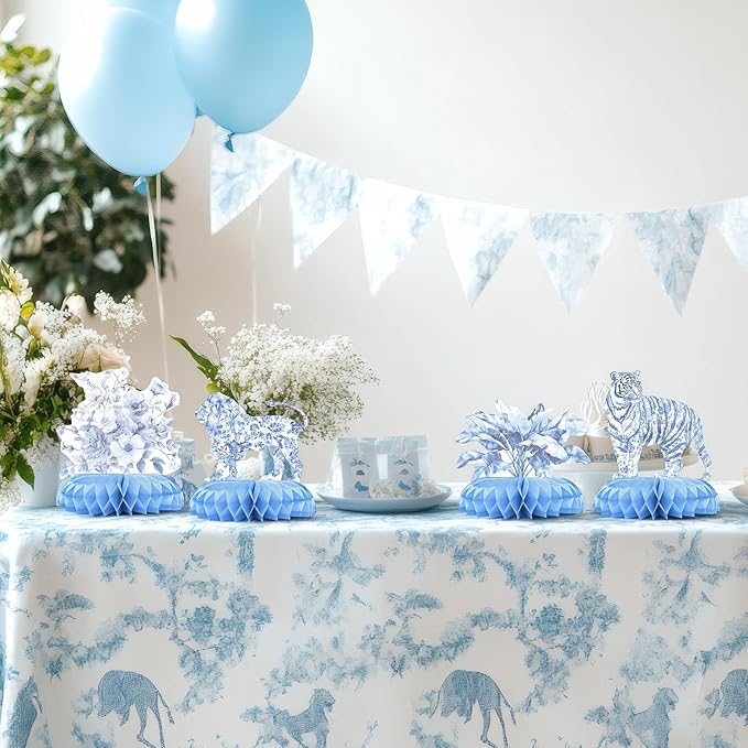 Blue Toile de Jouy Safari Baby Shower Centerpieces – 12 PCS Blue &