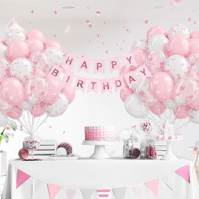 60pcs Pink Bow Balloons 12inch with Pink White Clear Bow Balloons for
