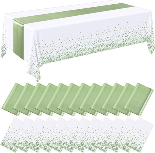 Breling 24 Pack White and Sage Green Disposable Plastic Tablecloths