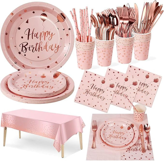 Birthday Party Tableware, 161 Pieces Pink and Rosegold Party