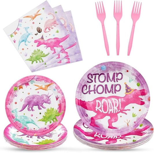 Girl Dinosaur Party Decorations 64 PCS Dinosaur Plates Napkins and