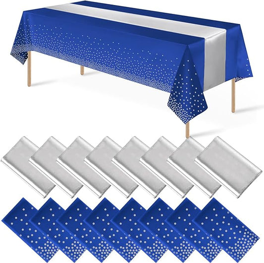 16Pack Disposable Plastic Tablecloths and Satin Table Runner Set Blue
