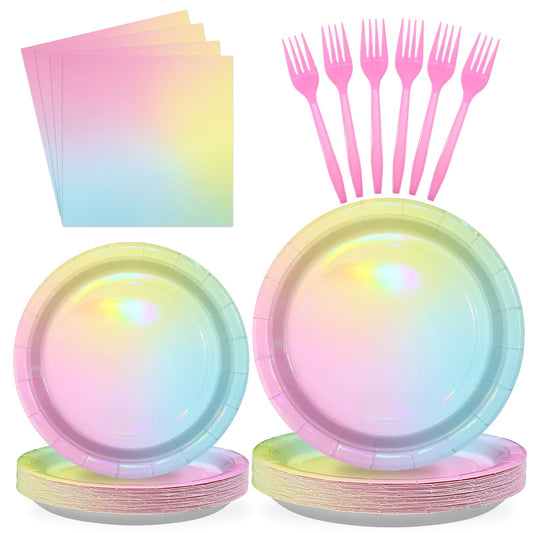 96Pcs Pastel Rainbow Birthday Party Supplies Iridescent Pastel Plates