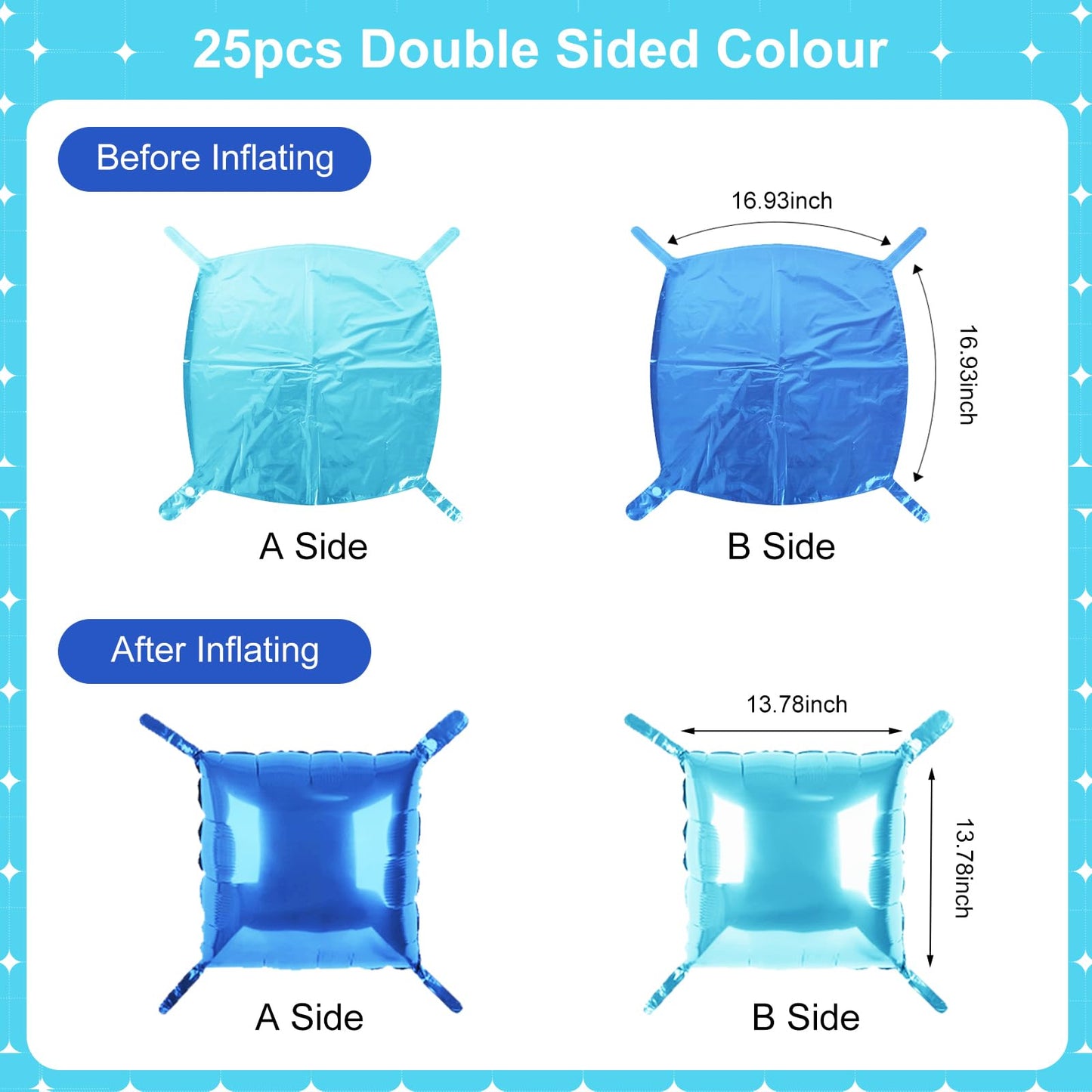 LightBlue and Blue Square Foil Balloons 25 Pcs Metallic LightBlue and