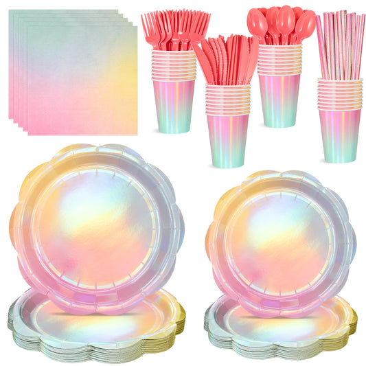 NatNarr 200 Pcs Iridescent Pastel Party Supplies Decorations, 25 Guest