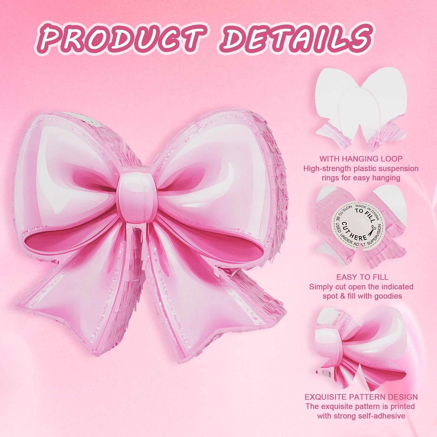 Pink Bow Piñata - Watercolor Small Pink Bow Piñata with Blindfold and