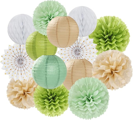 Olive Sage Green Boho Party Decorations Streamers Lanterns 14pcs