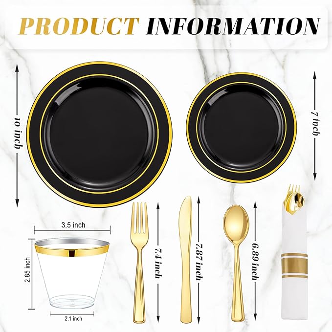 WDF Partyware 175PCS Black and Gold Plates - Black Disposable Plates