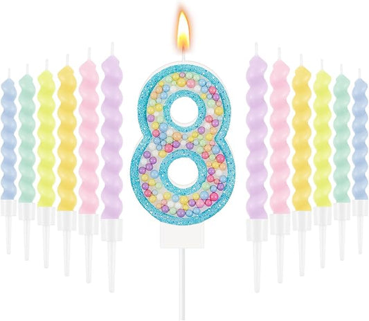 MTLEE Number 8 Birthday Candle with 12 Pcs Spiral Candles for Girls #3