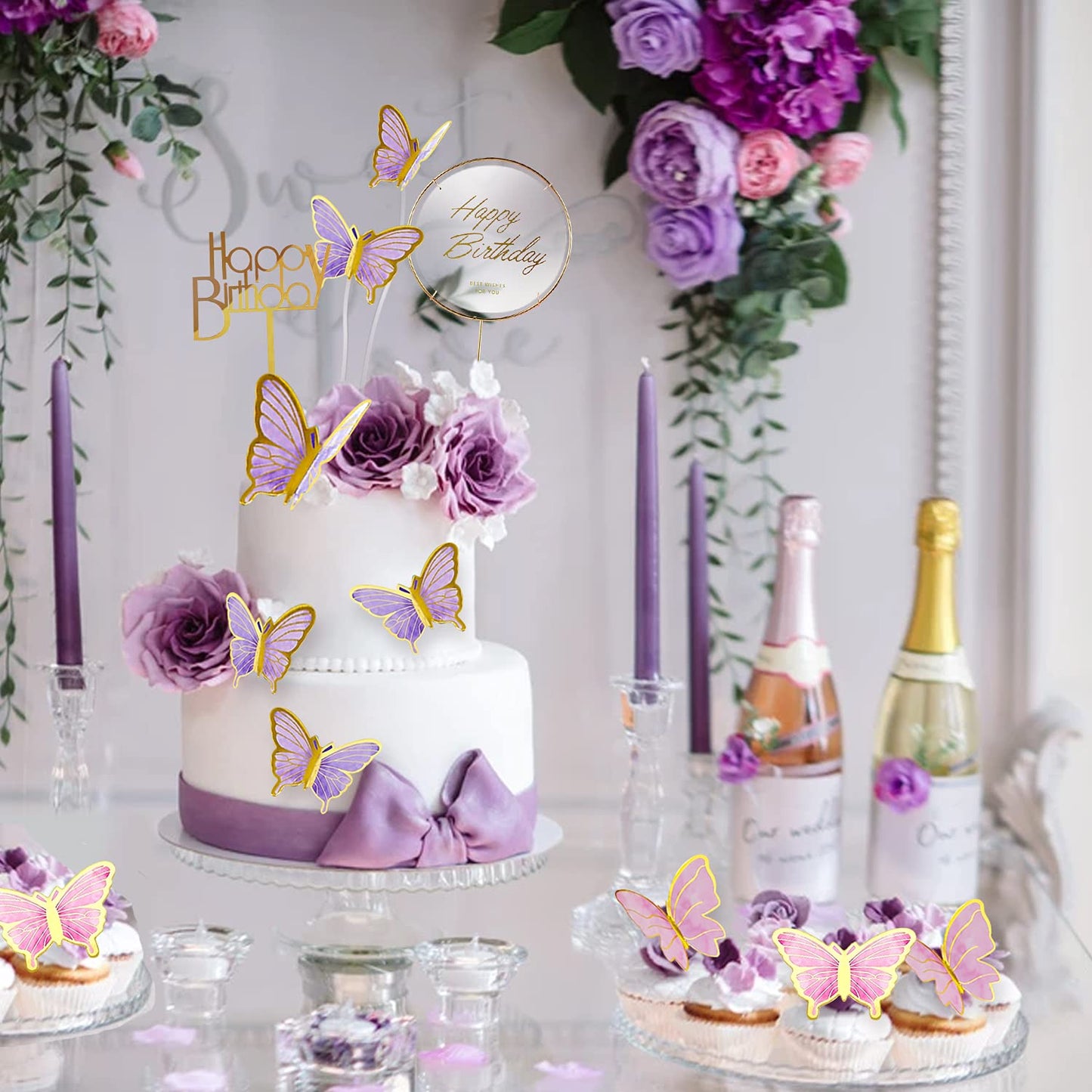 LANGPA 22-Pieces Butterfly Cake Decorations With Happy Birthday Purple