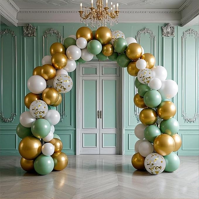 Sage Green Balloons, 60pcs 12inch Sage Green White Metallic Gold