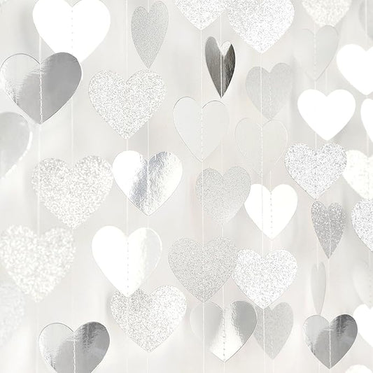 White -Silver Disco Party-Decoration Heart Garland - 52ft Birthday