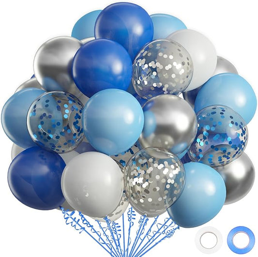 OuMuaMua 62pcs Blue Silver White Confetti Balloons Kit, 12 Inch White