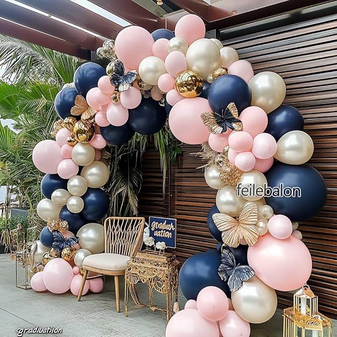 Navy Blue Pink Gold Balloon Arch Kit Double Stuffed Dark Blue Pastel