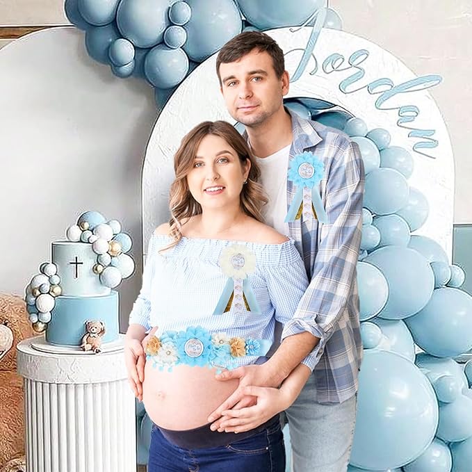 Boho Baby Shower Maternity Sash Kit - Blue Neutral Baby Shower Belly