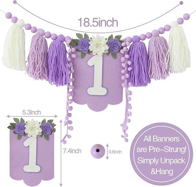 Handmade Wildflower 1st Birthday HighChair Banner Purple White Party