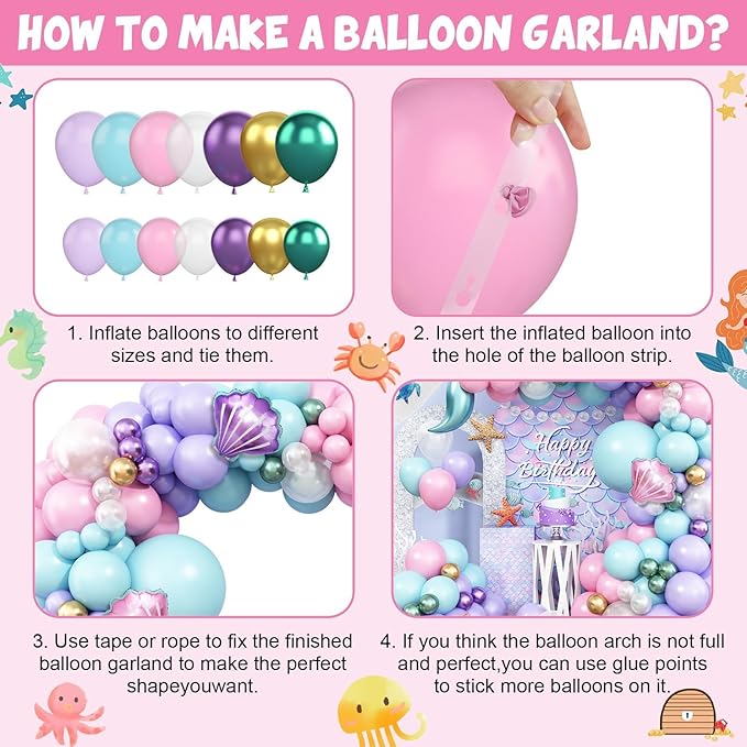 Mermaid Balloon Garland Arch Kit Pastel Pink Purple Teal Blue