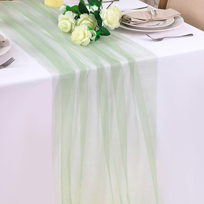 Snowkingdom Sage Green Table Runner, 10 FT Sheer Tulle Cheesecloth