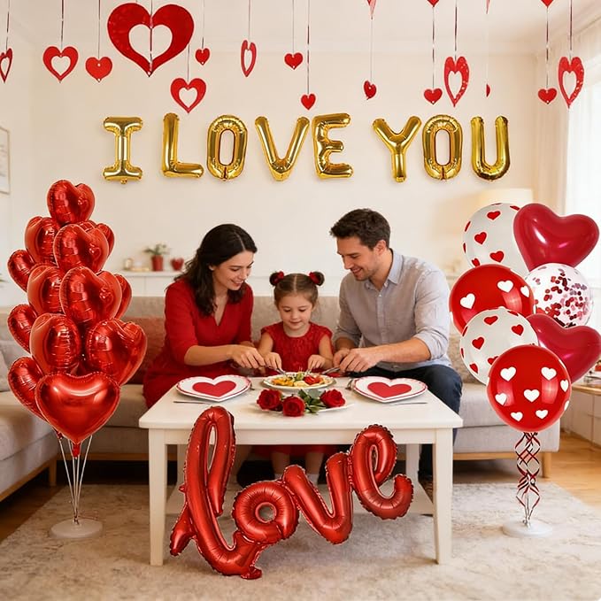 Valentines Day Decorations with Red Heart Balloons and Love Balloon