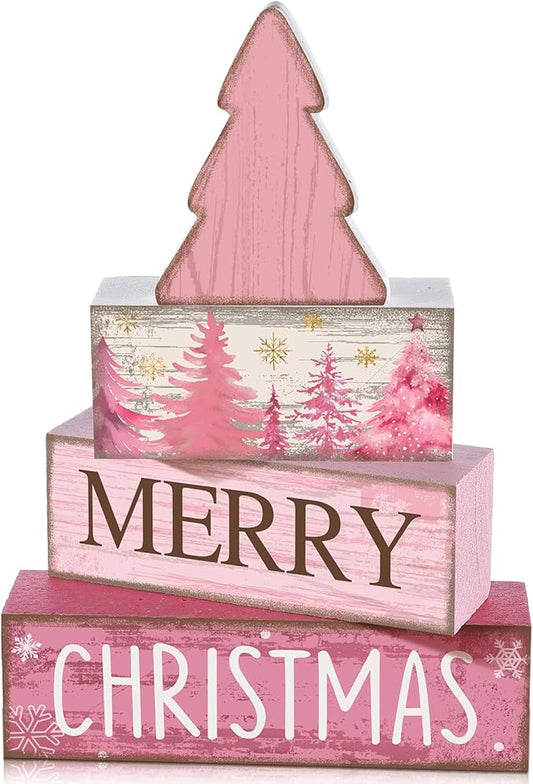 4 Pcs Christmas Table Decoration Wooden Pink Christmas Tree