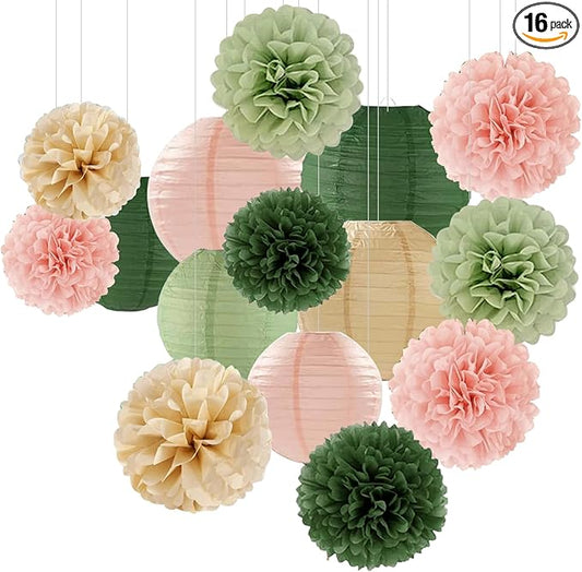KAXIXI 15 Pcs Pink Sage Green Champagne Party Decorations - Hanging