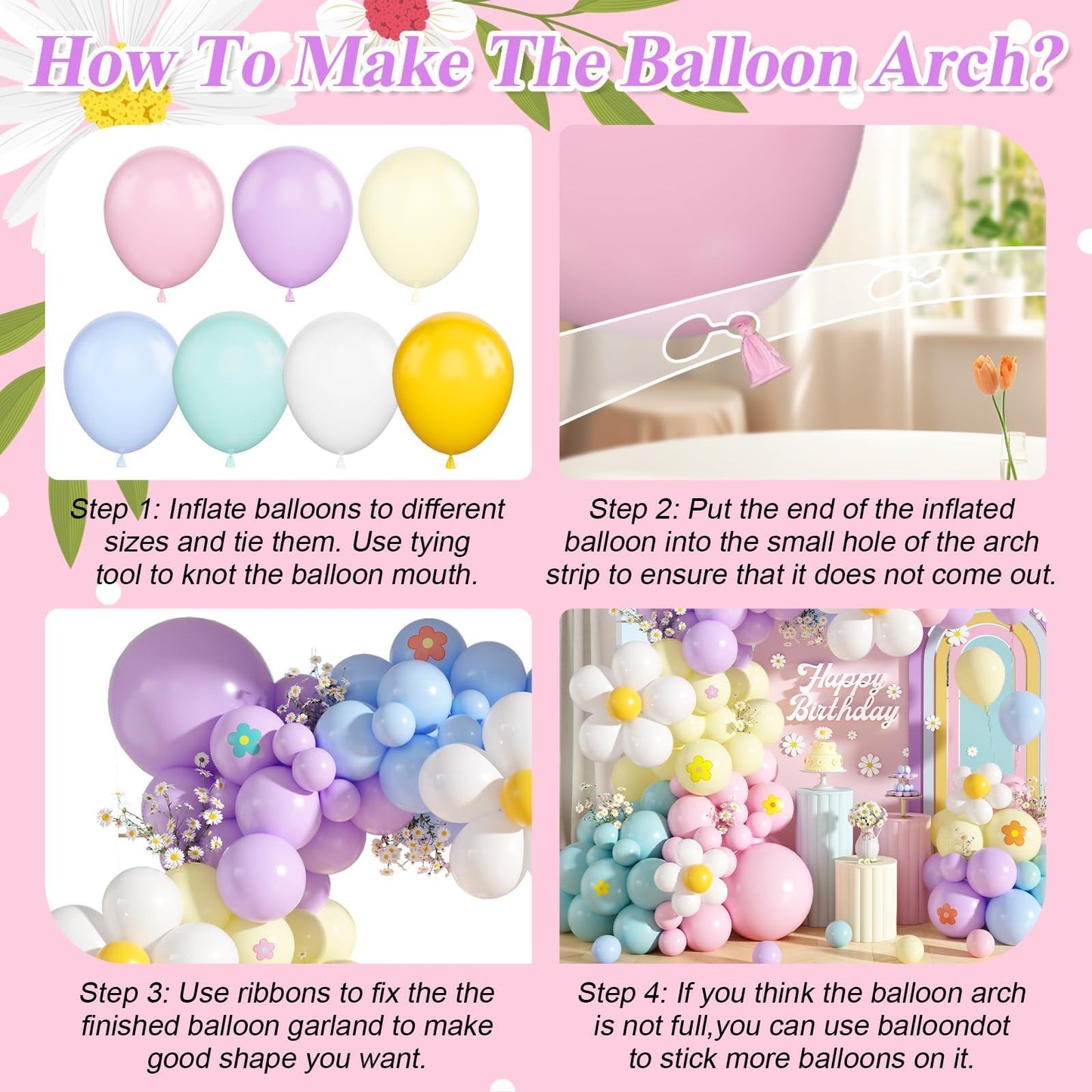 Daisy Balloon Garland Arch Kit,Pink Purple Yellow Blue Pastel Rainbow