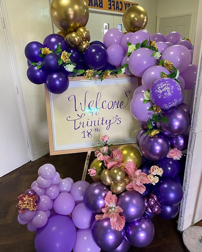 Purple and Gold Balloons Arch Kit, 140Pcs Dark Purple Metallic Gold