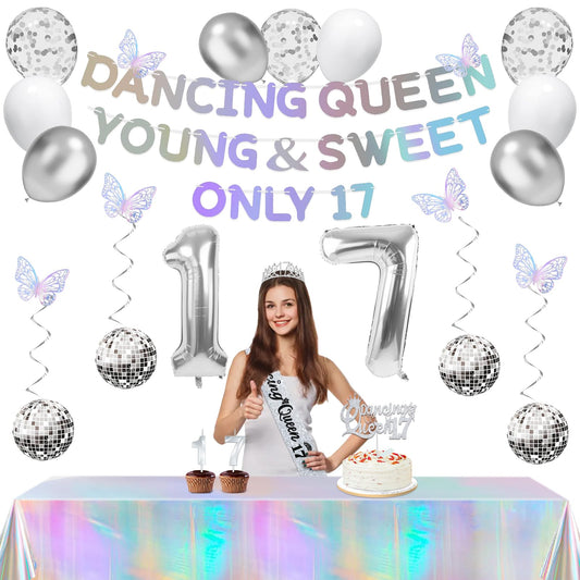 34pcs Dancing Queen Party Decorations 17,Dancing Queen Banner,Silver