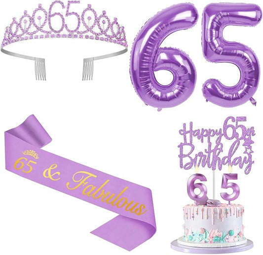 65th Birthday Decorations for Women Purple with 65th Birthday Sash