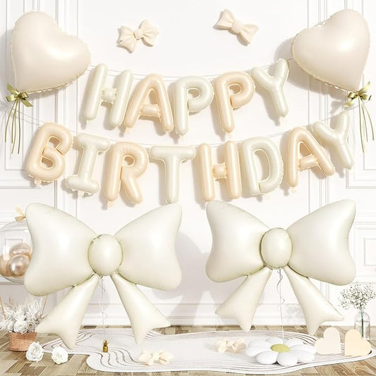 Beige Happy Birthday Balloon Banner, 38Inch Bow Aluminum Foil