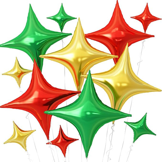Red Green Gold Christmas Balloons,12Pcs Four Angle Star Foil