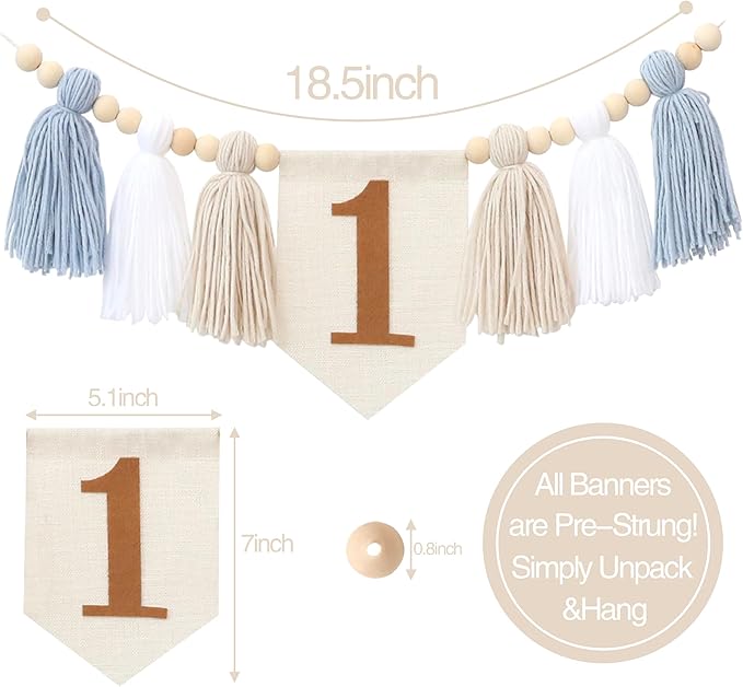 Boho Blue Handmade 1st Birthday High Chair Banner First Highchair