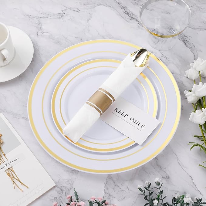 BESTVIP 175PCS Gold Plastic Dinnerware Set, Disposable Party Plates